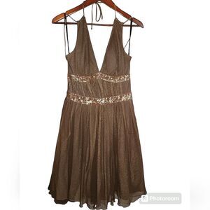 Rampage Vintage Y2K Deadstock Brown Mesh Sequin V neck Halter Dress Juniors 7